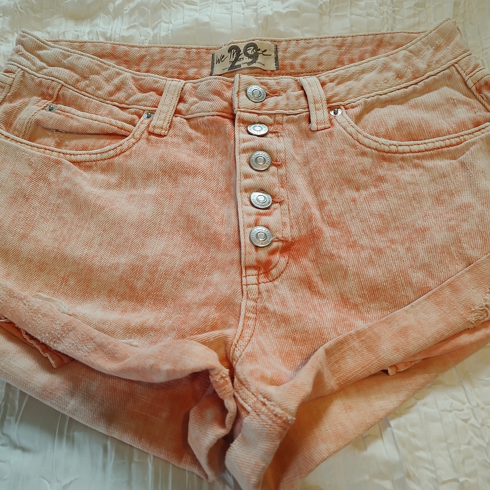 We The Free Women's Button Up Front Shorts Orange denim 5 Pocket Cuffed Hem